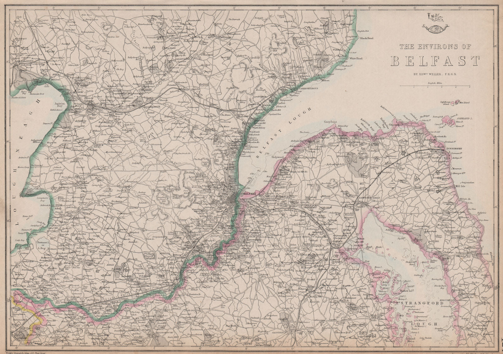 BELFAST ENVIRONS. Lough Lurgan Lisburn Carrickfergus. Ulster. WELLER 1862 map